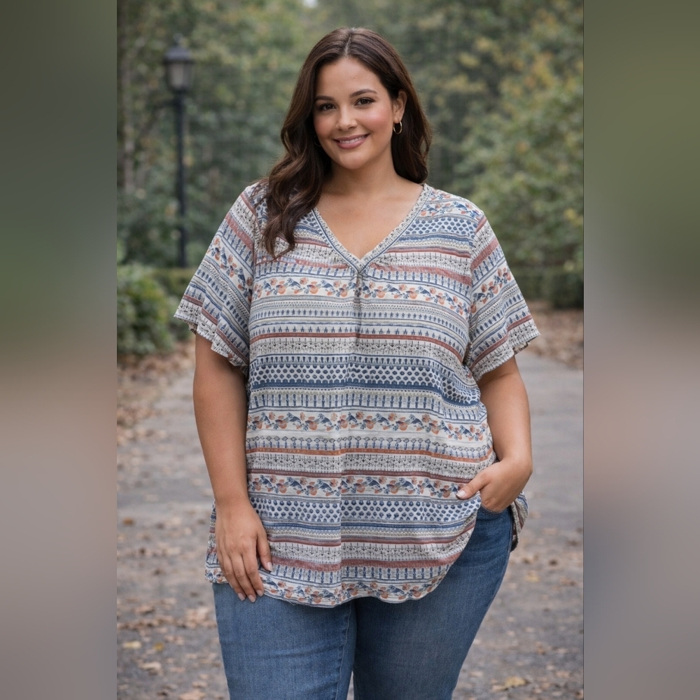 Y2K, Plus Size, Multi Color Designed Blouse. Size 2X. 100% Cotton. RS 68